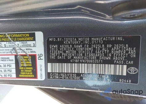 2013 Toyota Camry Le из США, поврежденный, VIN 4T1BF1FK7DU653571